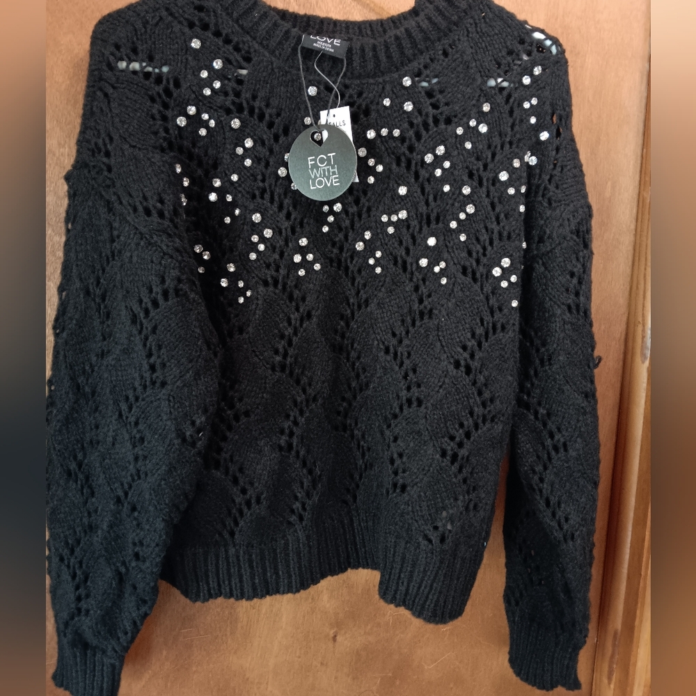 FCT With Love Black Open-Knit Crewneck Sweater with Bead Embellishment